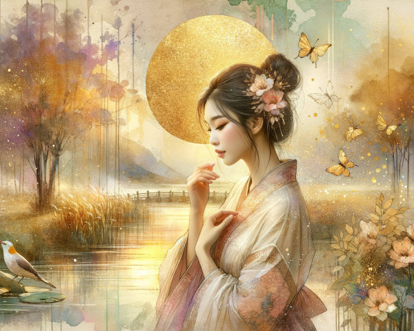 Serene Woman in Kimono by Tranquil Waterway