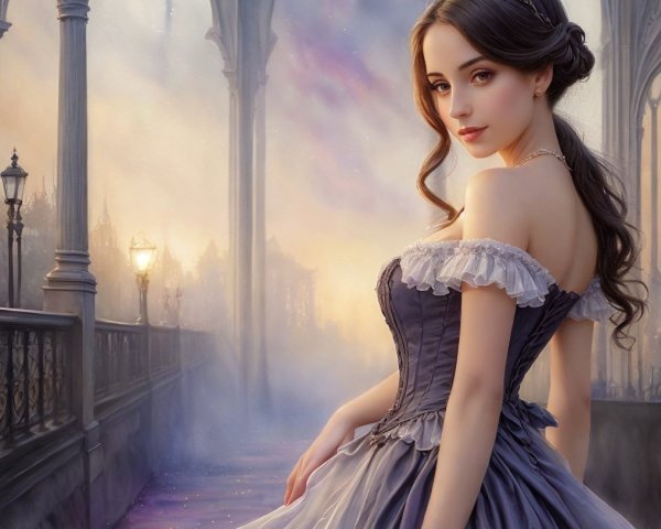 Young Woman in Elegant Gown in Ethereal Landscape