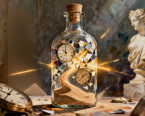Mosaic Glass Bottle with Hourglass and Clock Faces