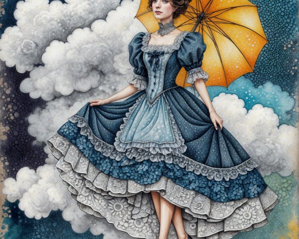 Victorian Dress with Umbrella Against Dreamy Sky