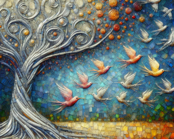 Abstract Landscape with Swirling Tree and Colorful Birds