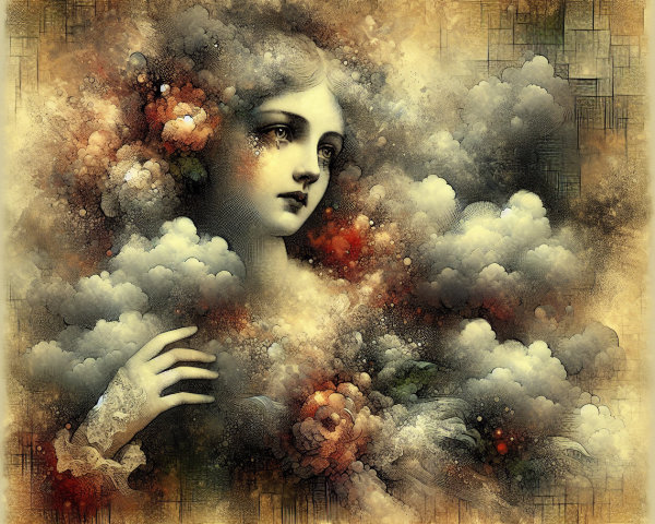 Ethereal Woman Surrounded by Colorful Clouds and Shapes