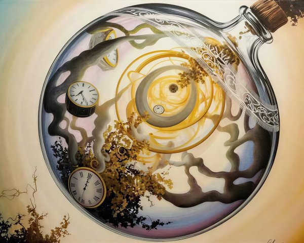 Surreal Painting of Glass Bottle with Dark Liquid and Clocks