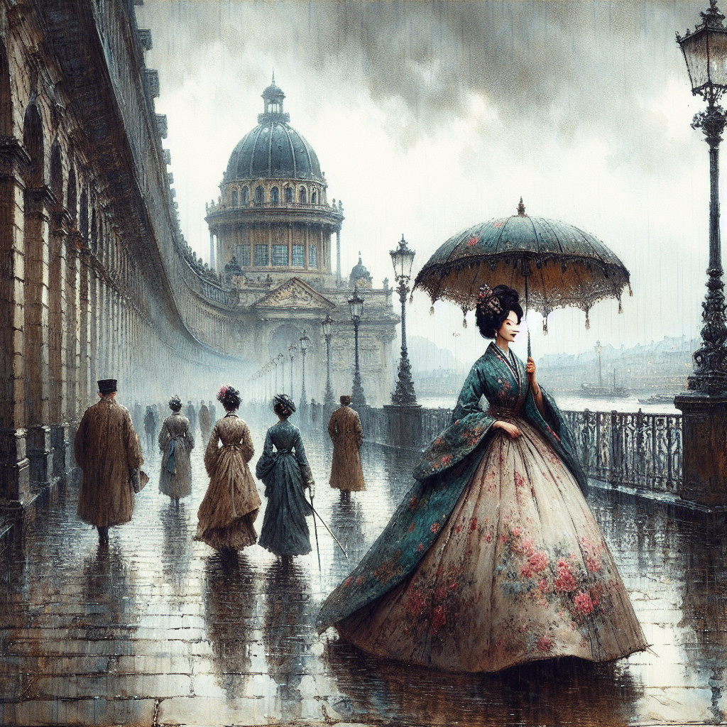 Historical Promenade with Elegant Architecture and Rain