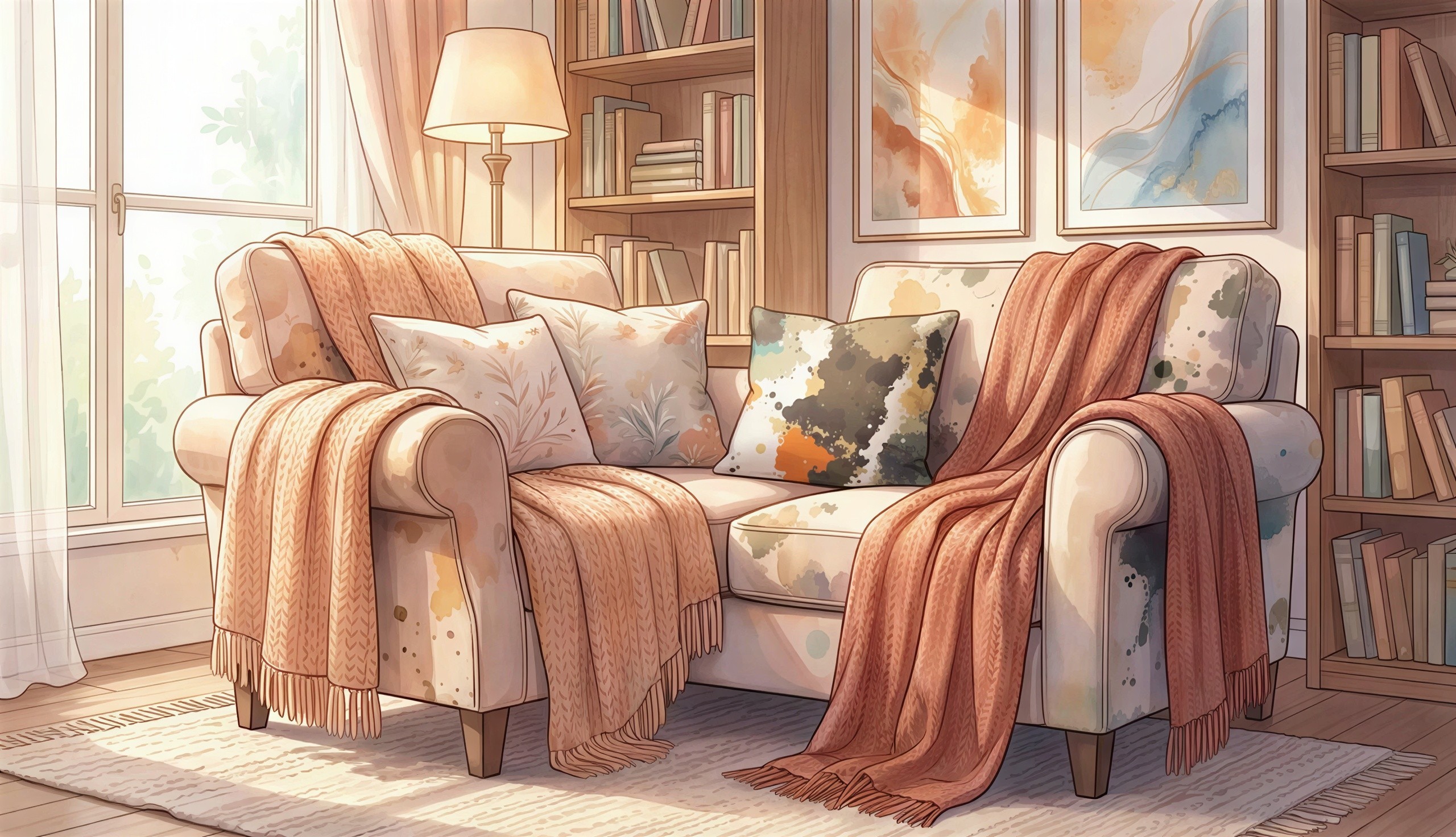 Warmly Lit Living Room with Cozy Couches and Decor