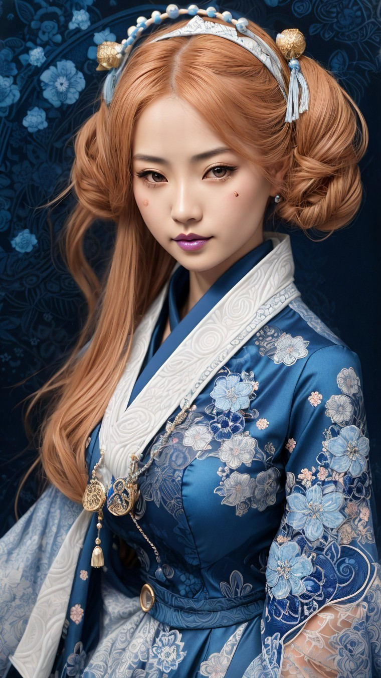 Intricately Designed Blue Kimono with Floral Patterns