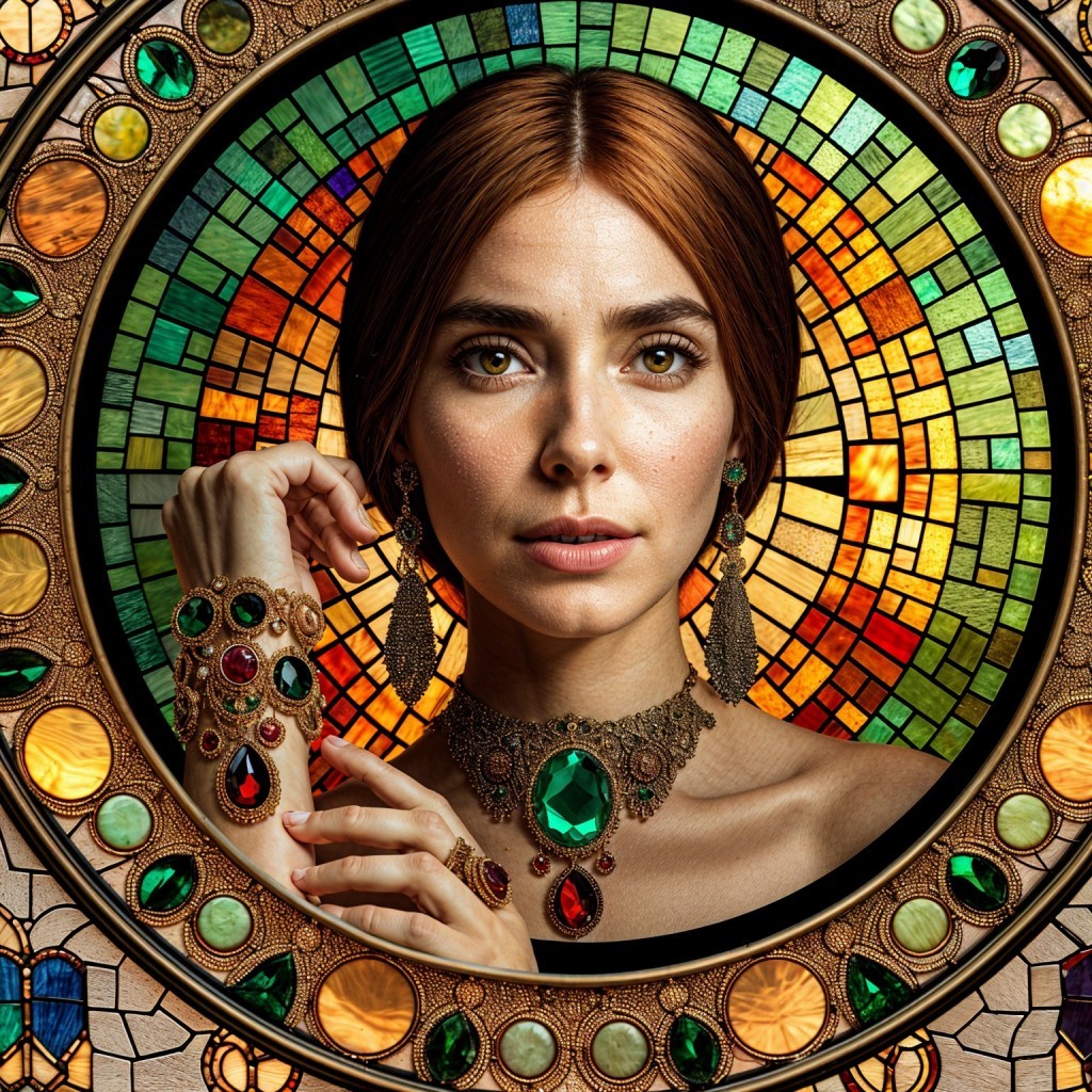 Woman with Red Hair Against Vibrant Stained Glass