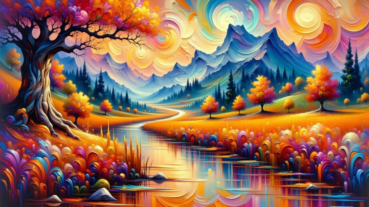 Vibrant Autumn Landscape with Winding River and Mountains
