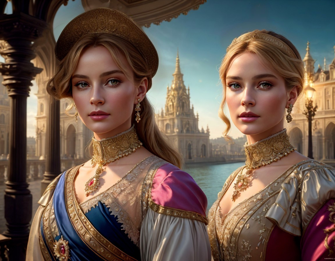 Two women in ornate historical dresses at opulent palace.