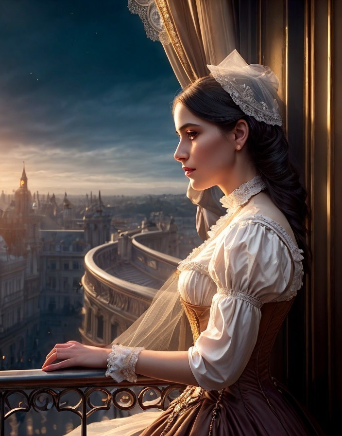 Woman in Vintage Gown on Balcony at Dusk