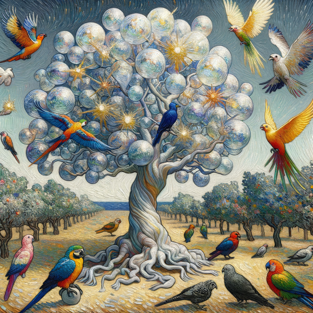 Surreal Tree with Spherical Leaves and Colorful Birds