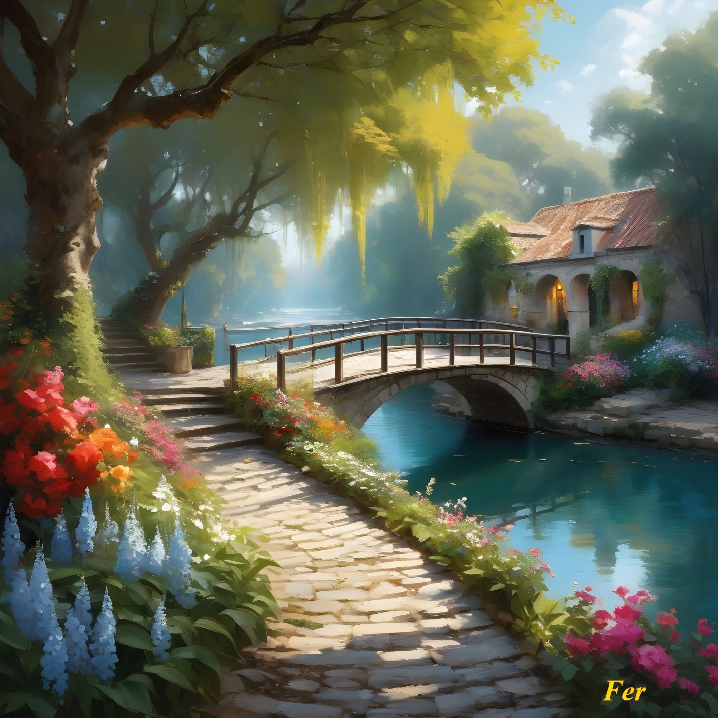 Quaint Stone Bridge Over Tranquil River Landscape