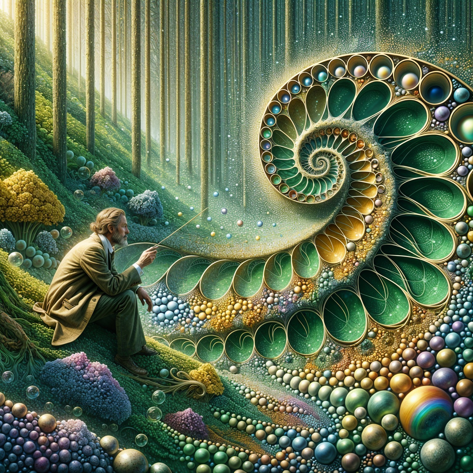 Surreal Forest Scene with Vibrant Patterns and Spheres