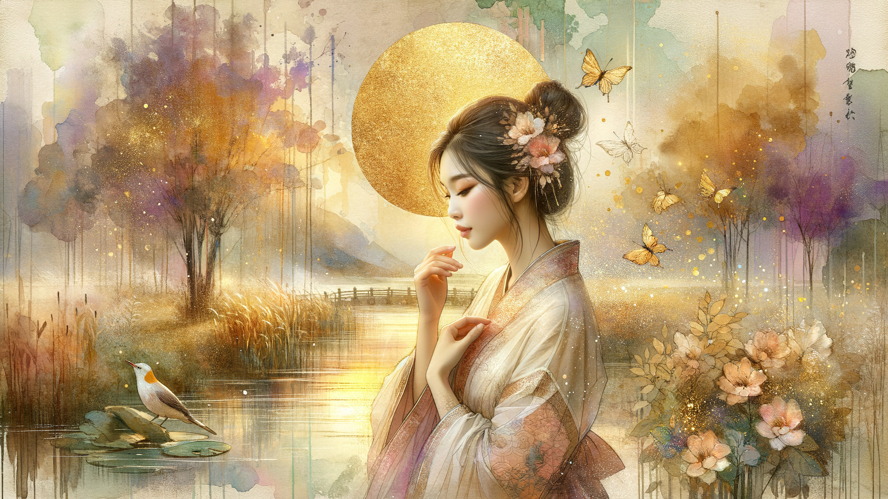 Serene Woman in Kimono by Tranquil Waterway