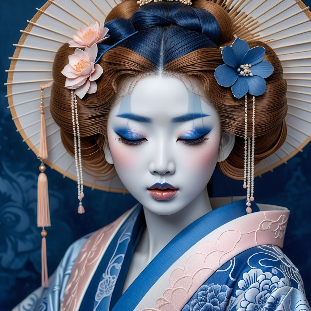 Stylized Figure in Traditional Japanese Kimono and Parasol