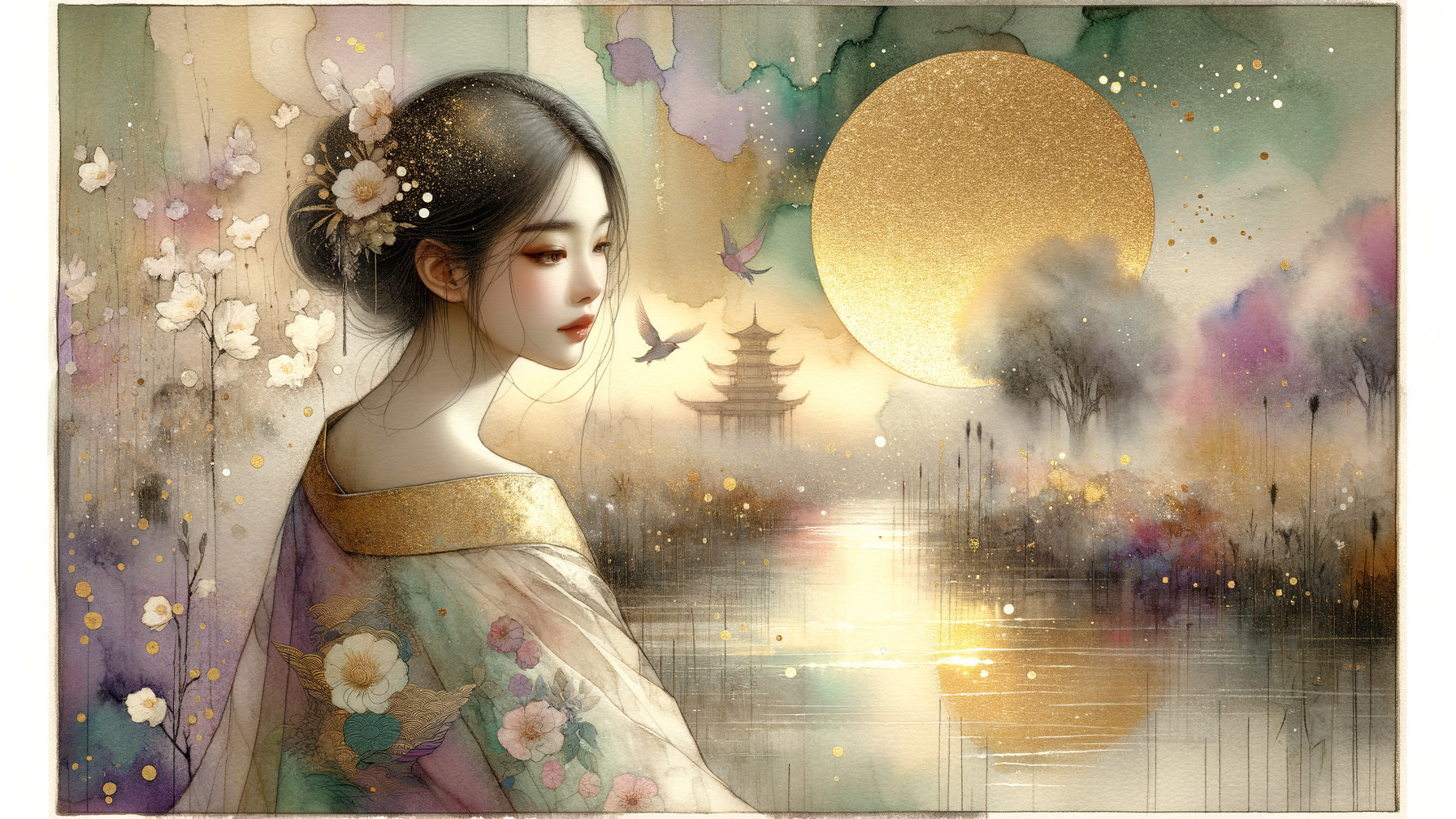 Young Woman in Floral Kimono by Misty River at Sunset