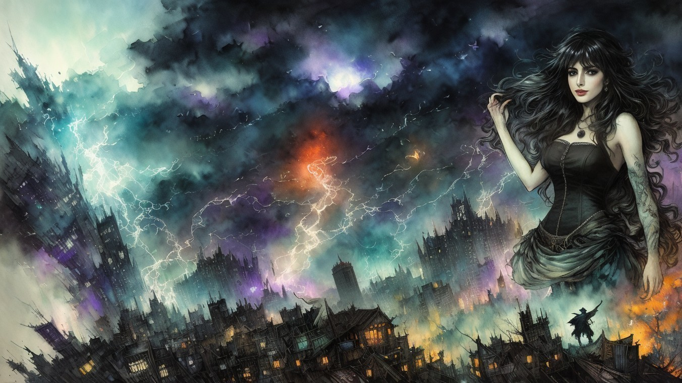Mysterious Woman Against Tumultuous Sky and Cityscape