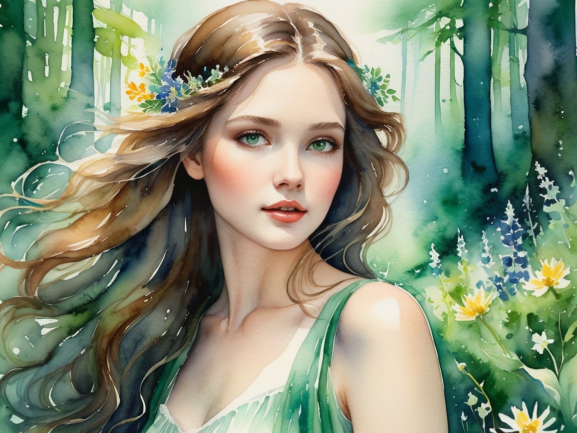 Portrait of a woman in a lush green forest setting