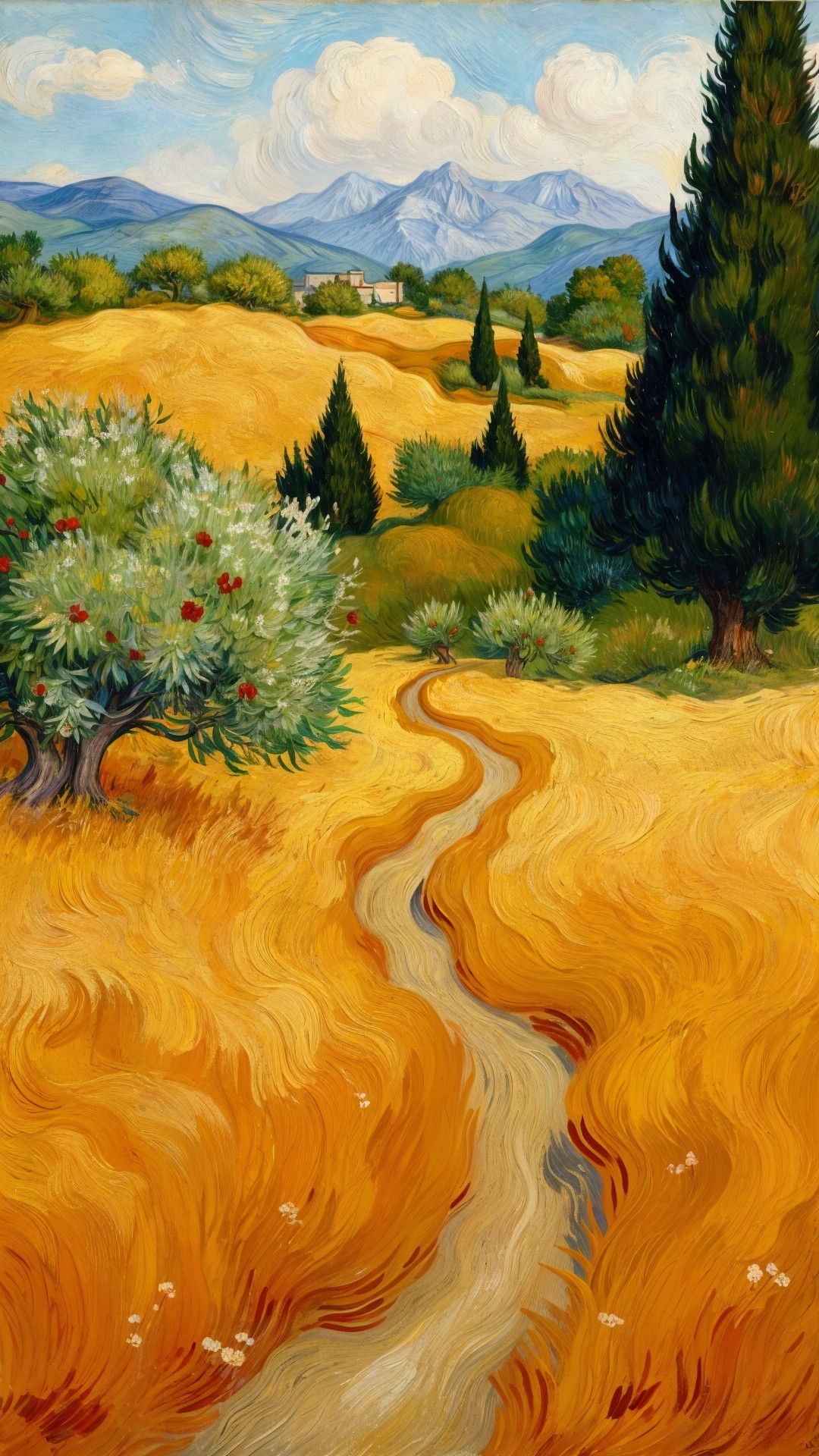 Vibrant Landscape with Golden Fields and Mountains