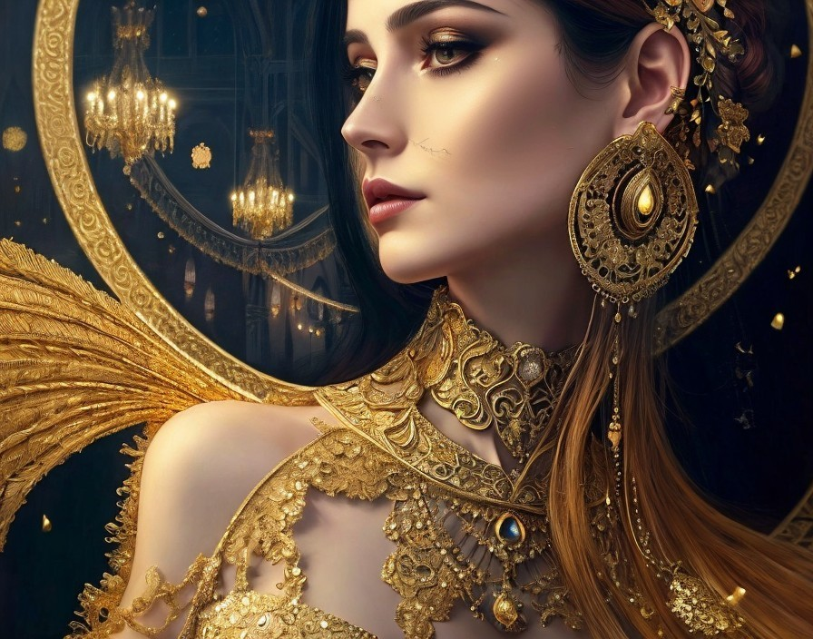 Woman in Luxurious Setting with Gold Jewelry