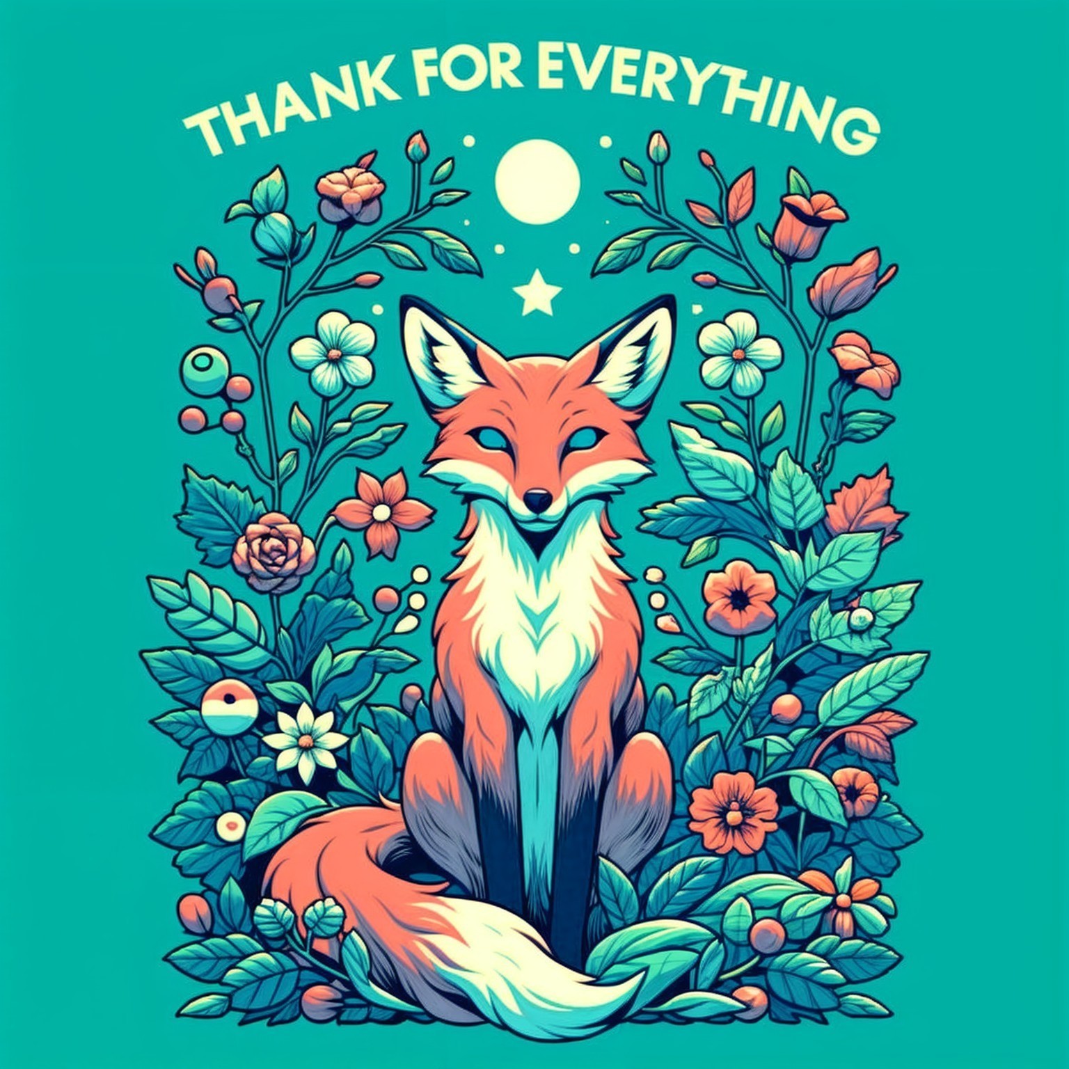 Stylized Orange Fox Surrounded by Colorful Flowers