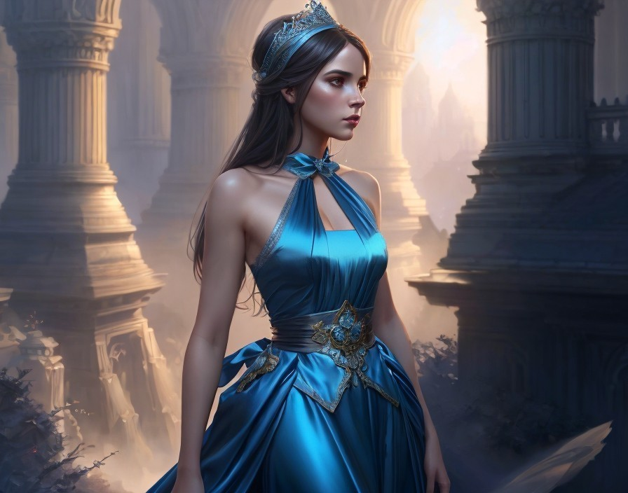 Digital Artwork of Young Woman in Blue Gown and Tiara