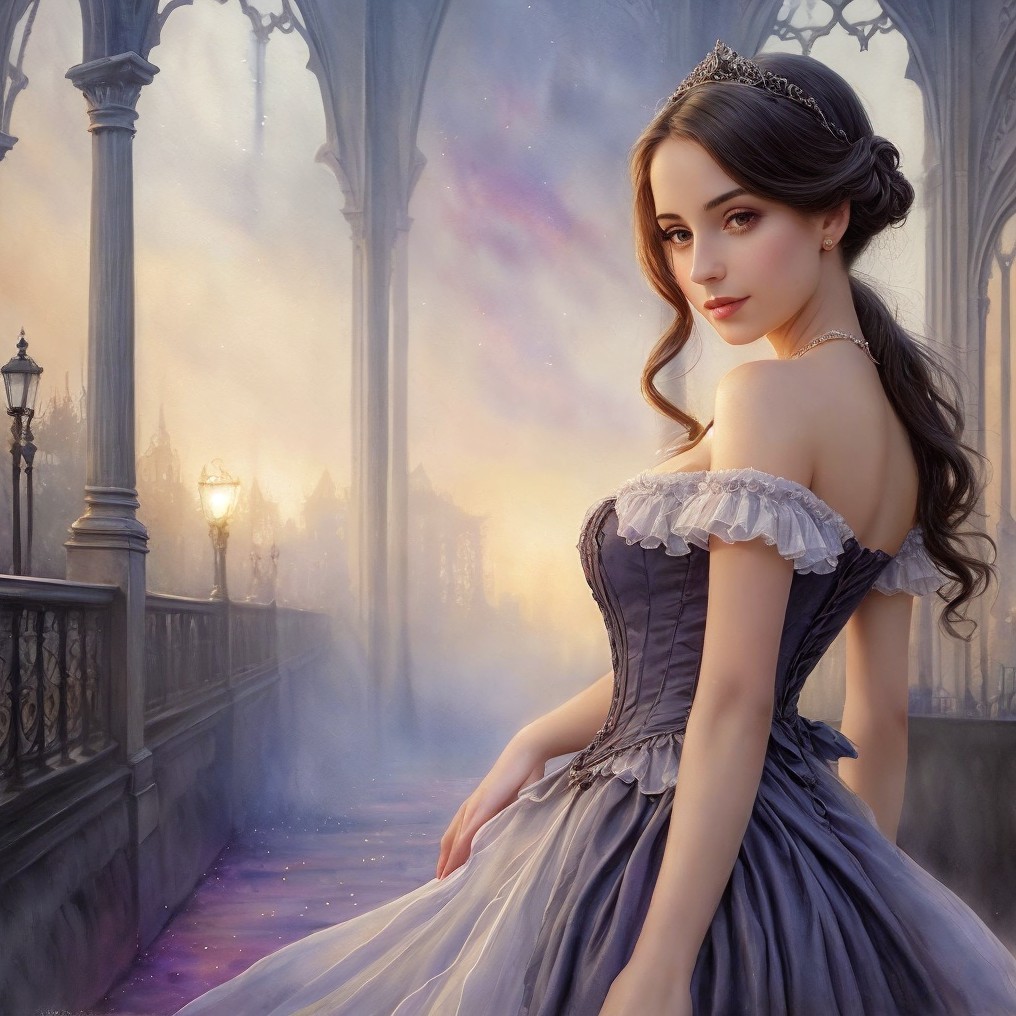 Young Woman in Elegant Gown in Ethereal Landscape