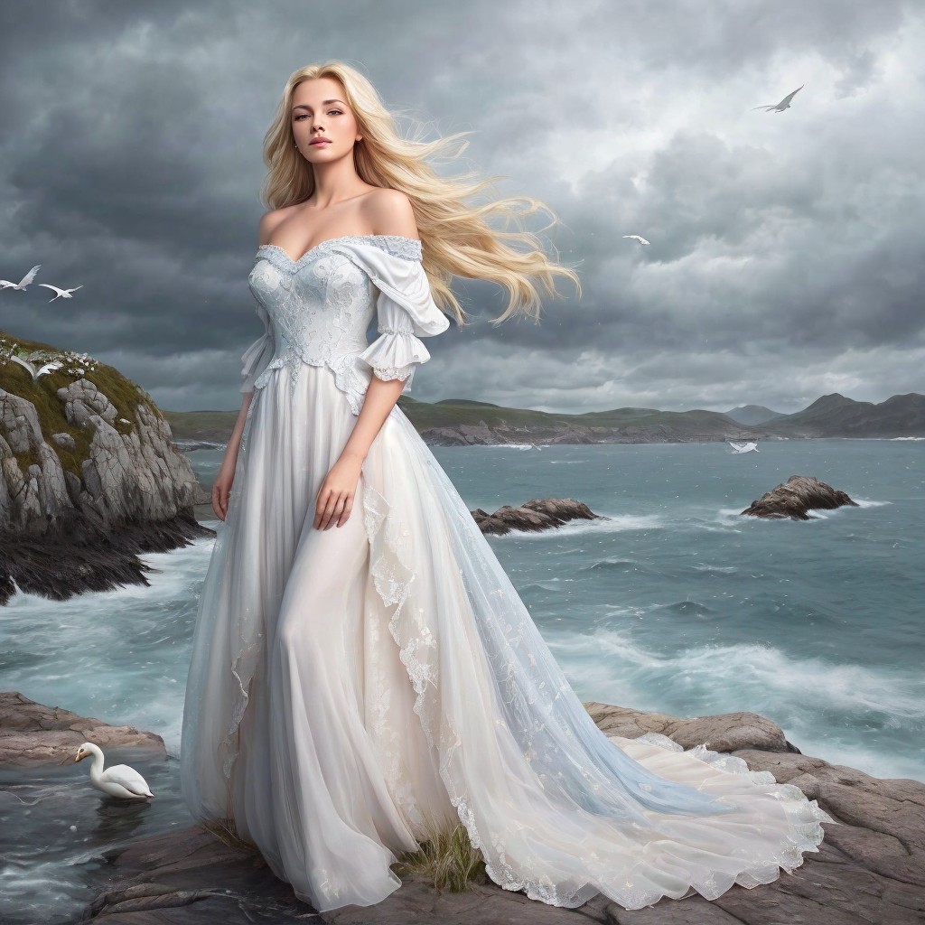 Coastal Scene with Woman in White Gown by Sea