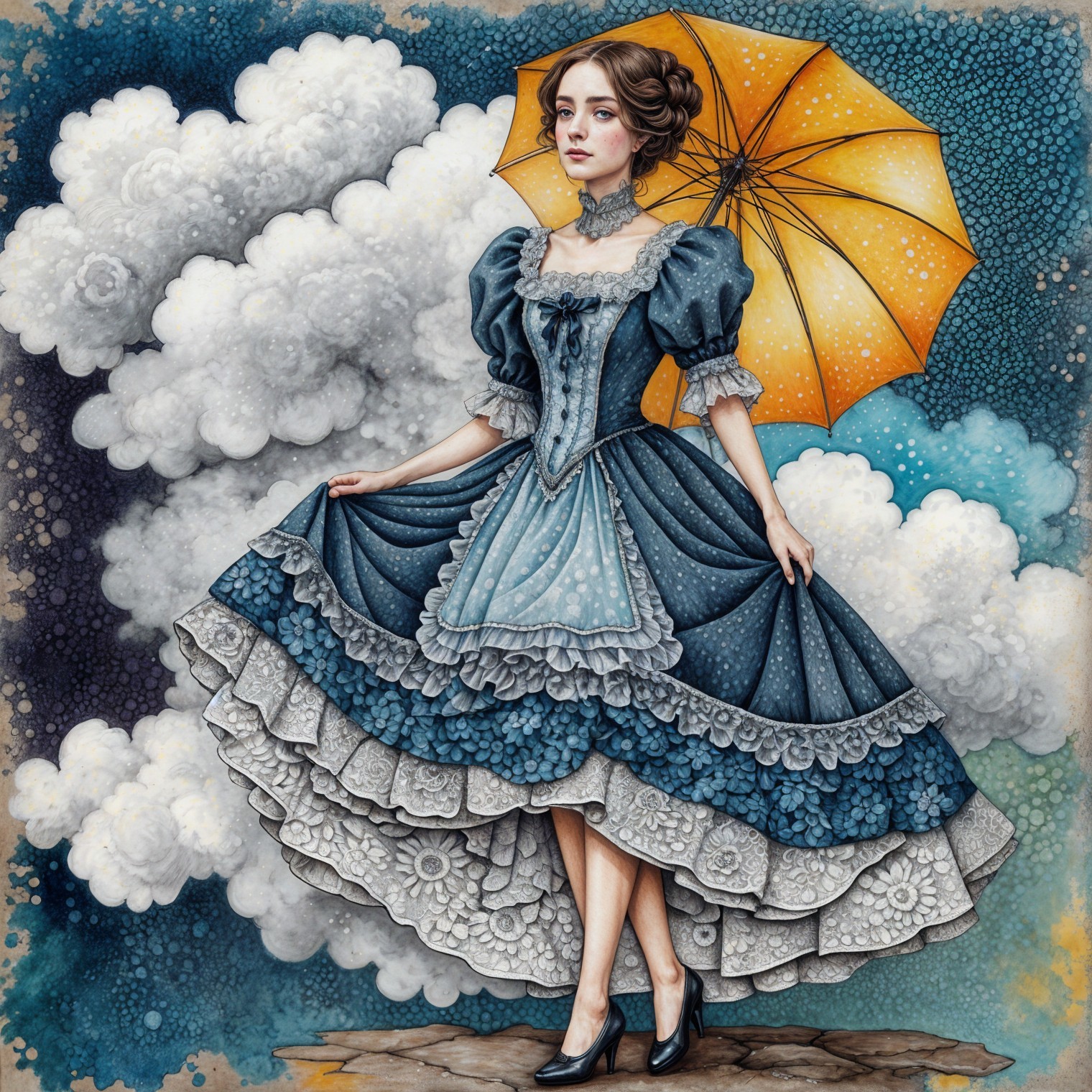 Victorian Dress with Umbrella Against Dreamy Sky