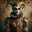 Jester Costume with Red and Black Designs and Makeup