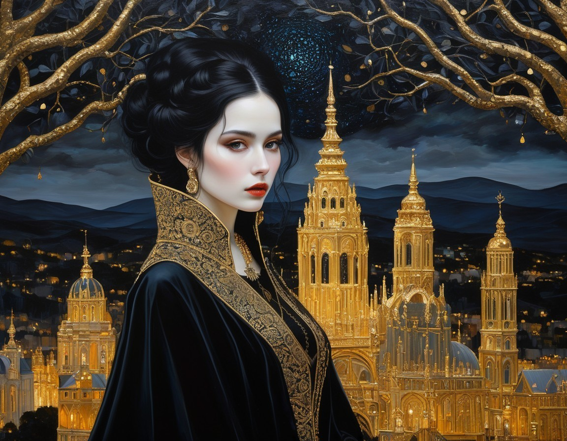 Woman in Black Cloak Against Golden Architecture