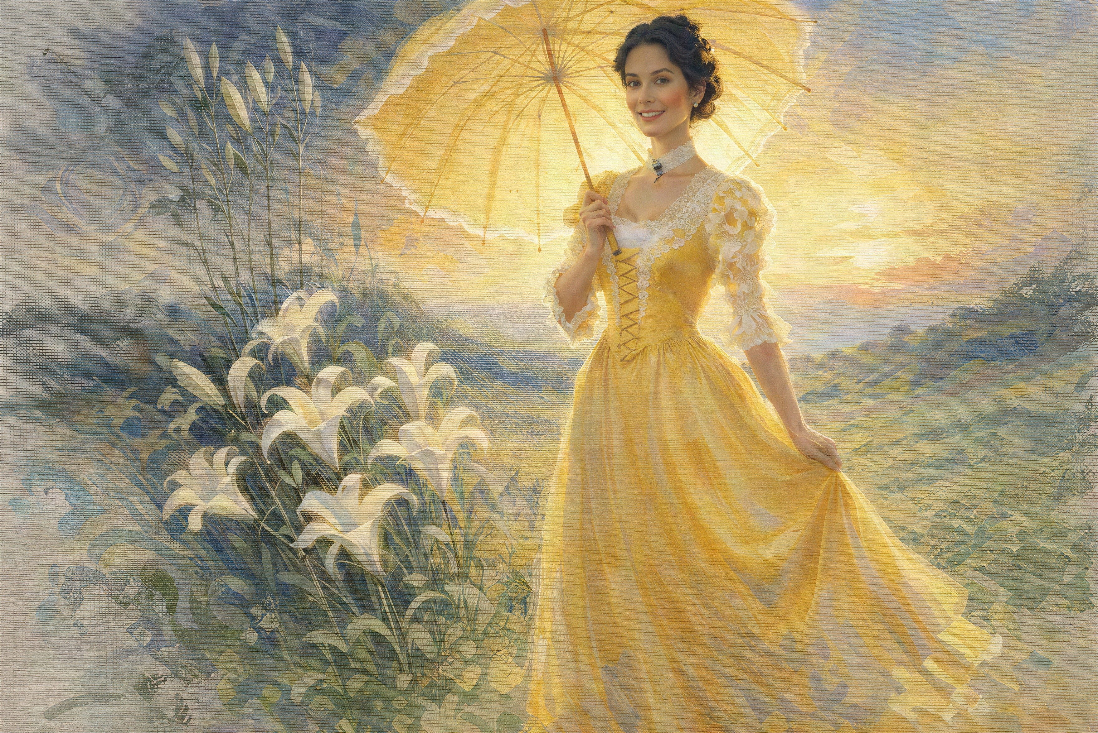 Young Woman in Yellow Dress Amidst Sunset and Lilies