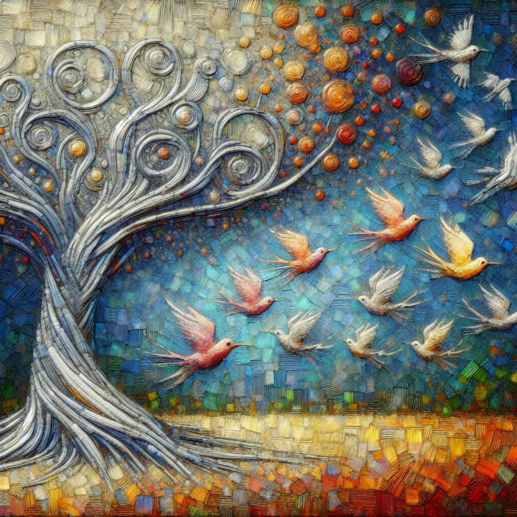 Abstract Landscape with Swirling Tree and Colorful Birds