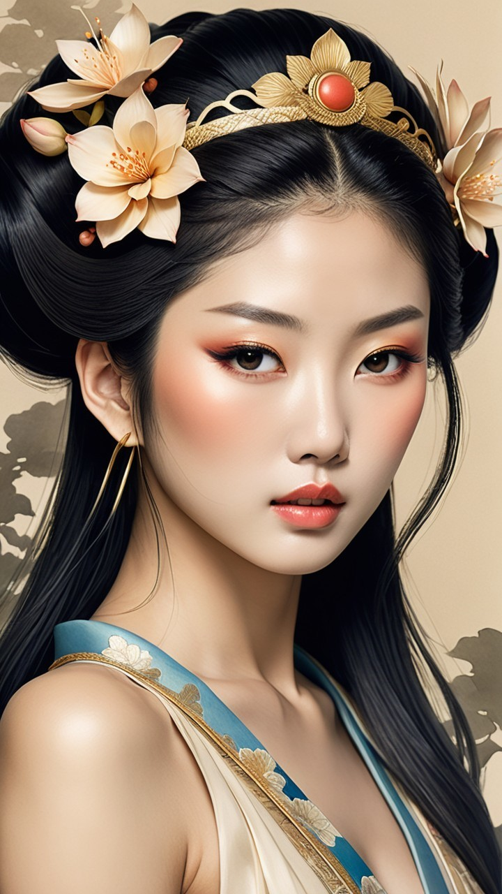 Young woman with elegant hairstyle and decorated outfit