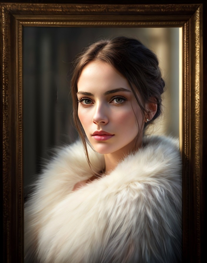 Dark-Haired Woman in White Fur Shawl Peering Through Golden Frame
