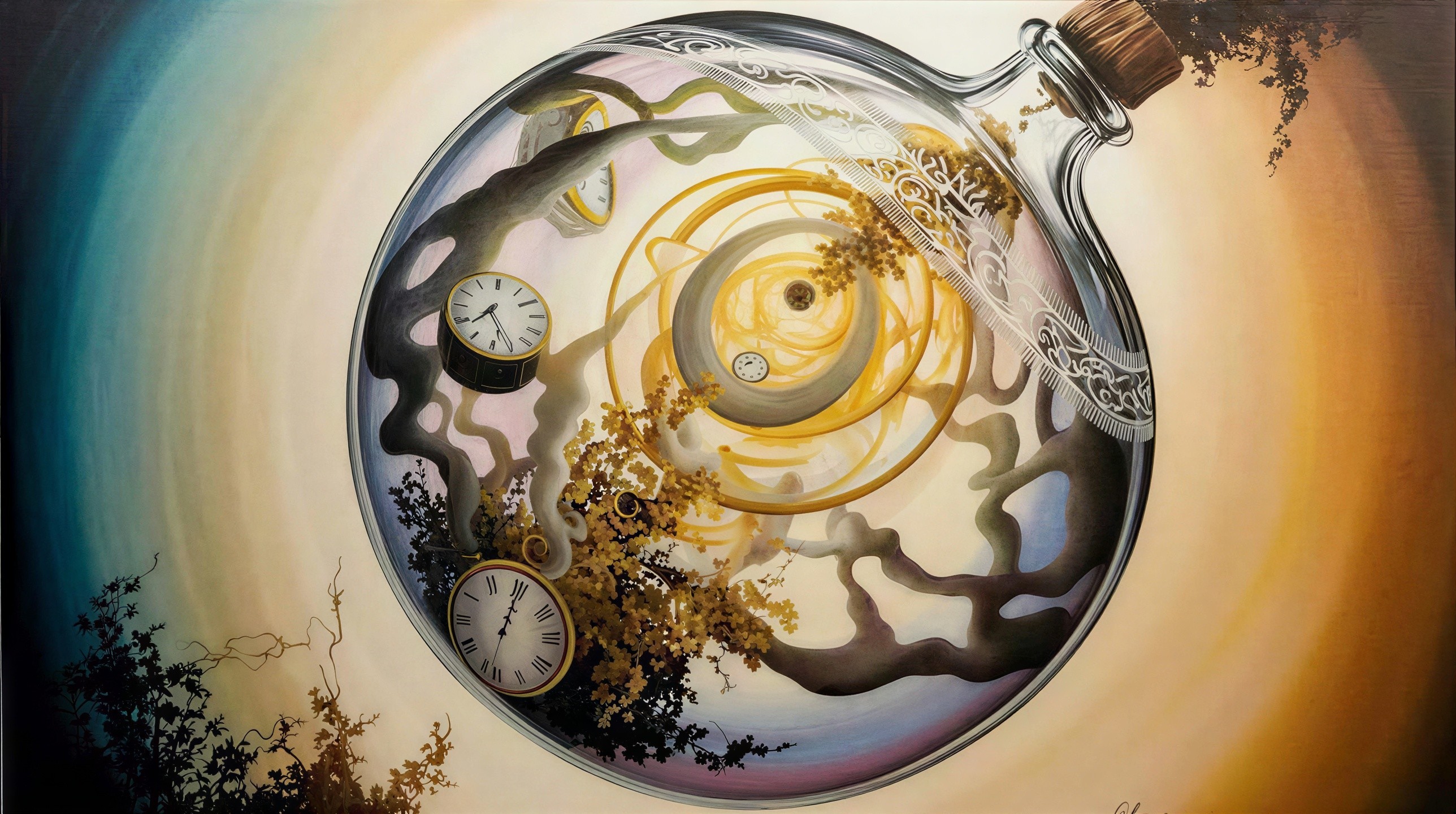 Surreal Painting of Glass Bottle with Dark Liquid and Clocks