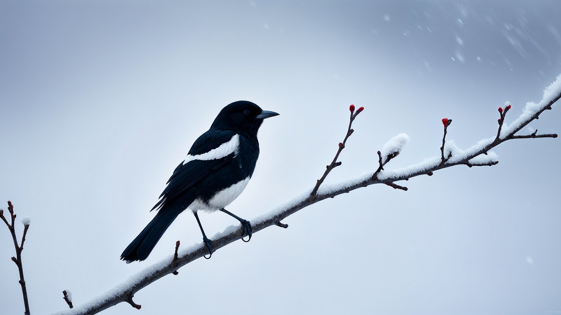 Black and white bird on snowy branch in winter scene