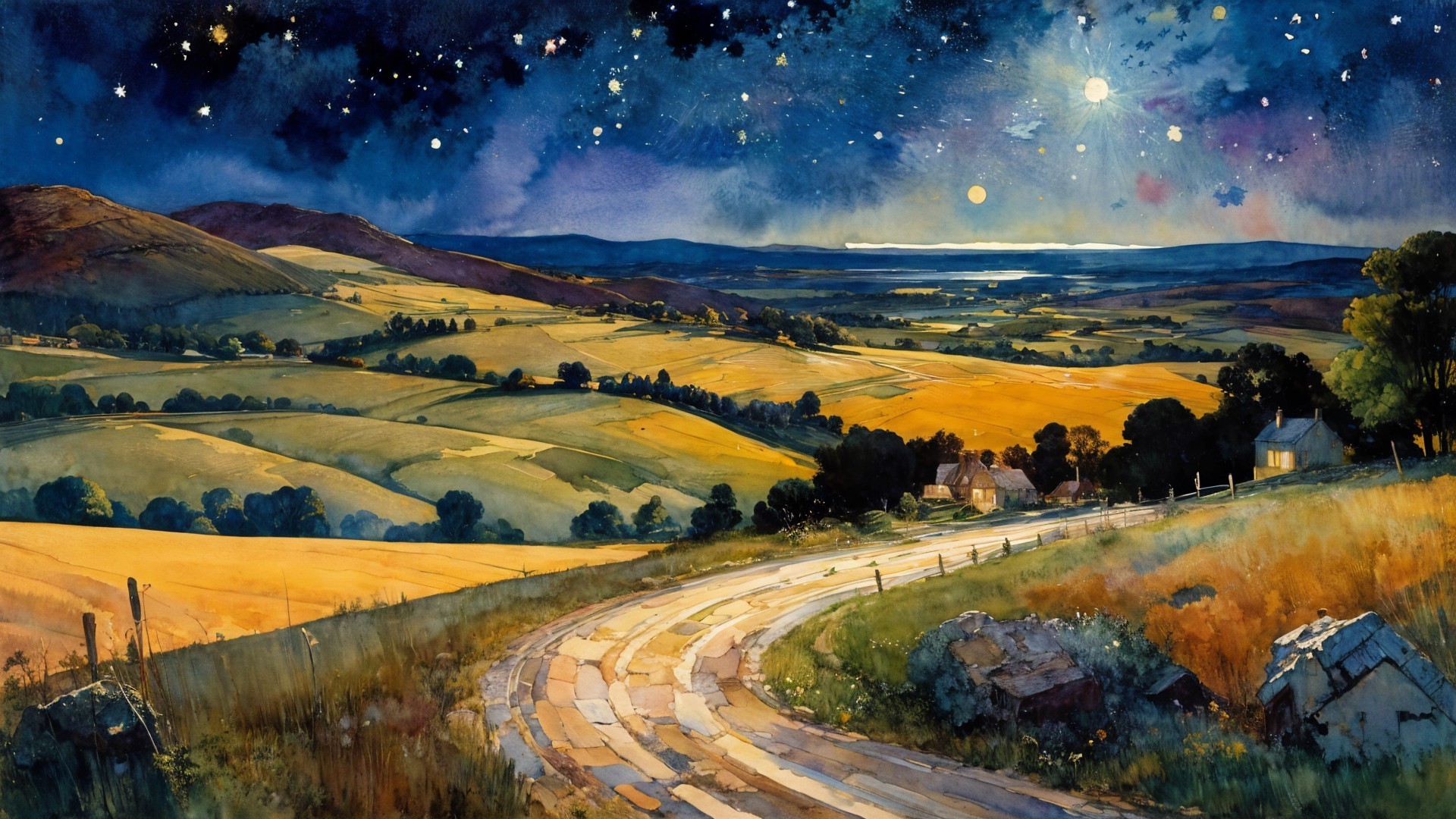 Serene Night Landscape with Rolling Hills and Moonlight