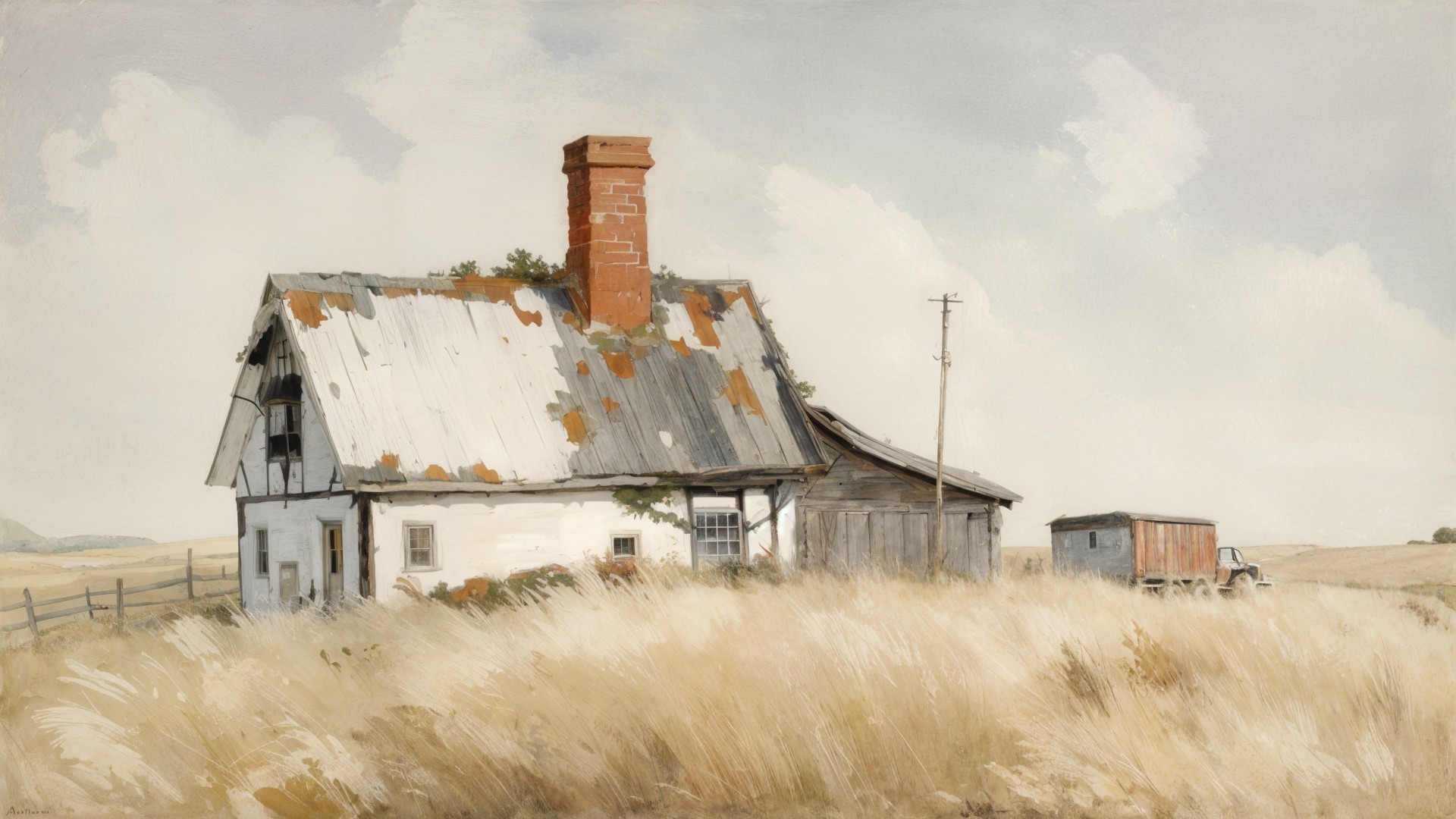 Rustic Farmhouse with Vintage Truck and Tall Grasses