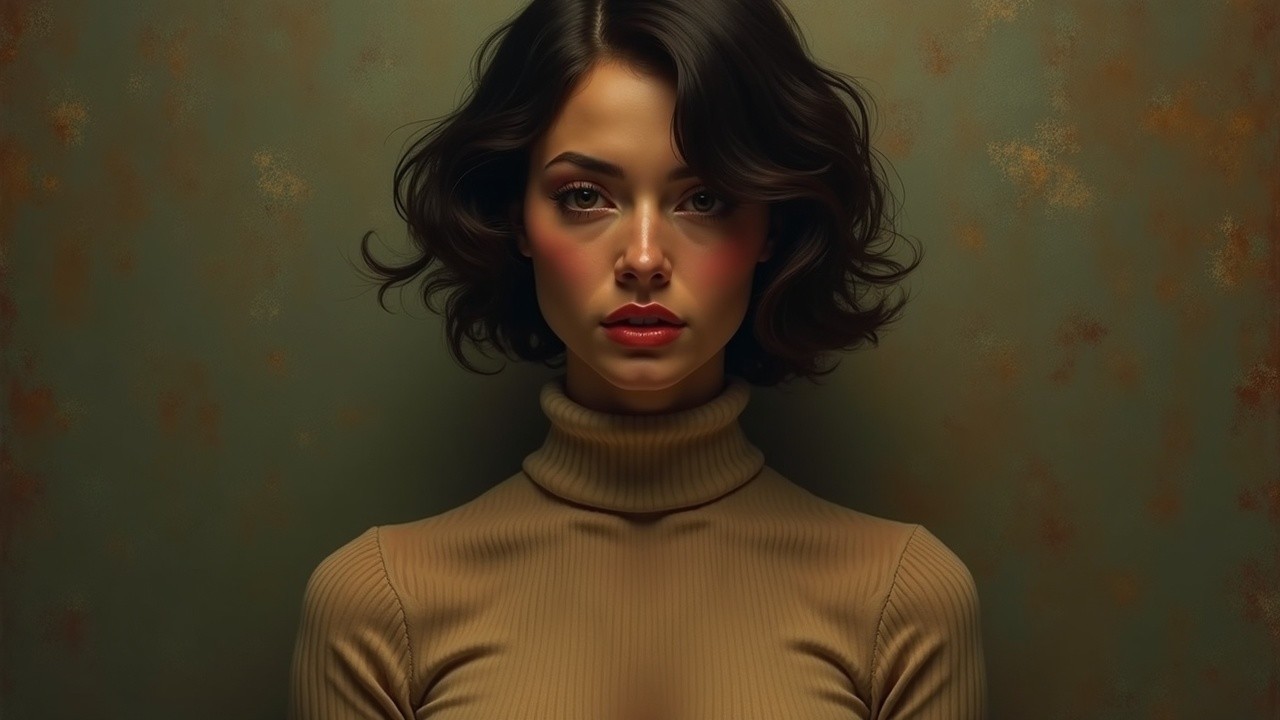 Young woman in tan turtleneck with calm expression