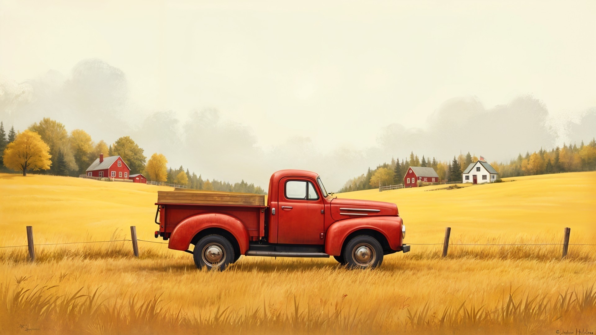 Vintage red pickup truck in a serene rural landscape