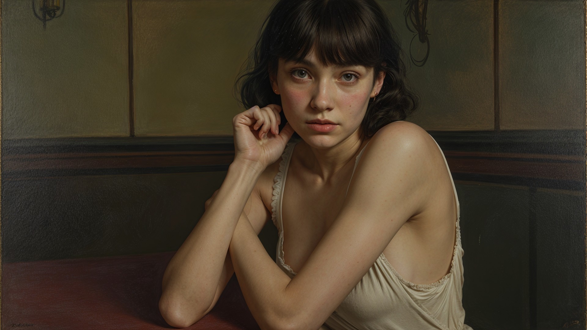 Young woman in contemplative pose at a table