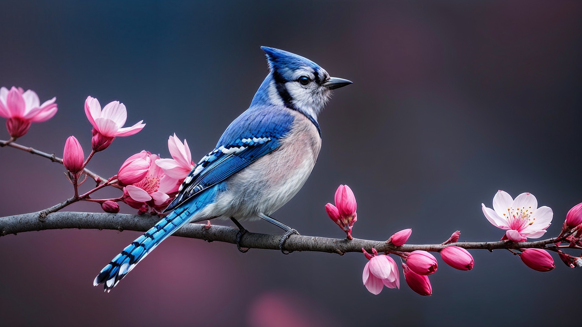 Blue Jay on Branch with Blooming Pink Flowers