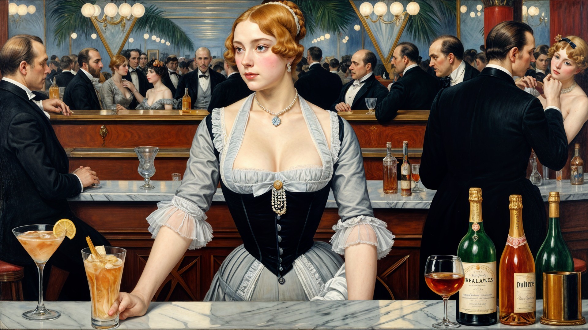 Elegant Woman in Historical Gown at Lavish Bar