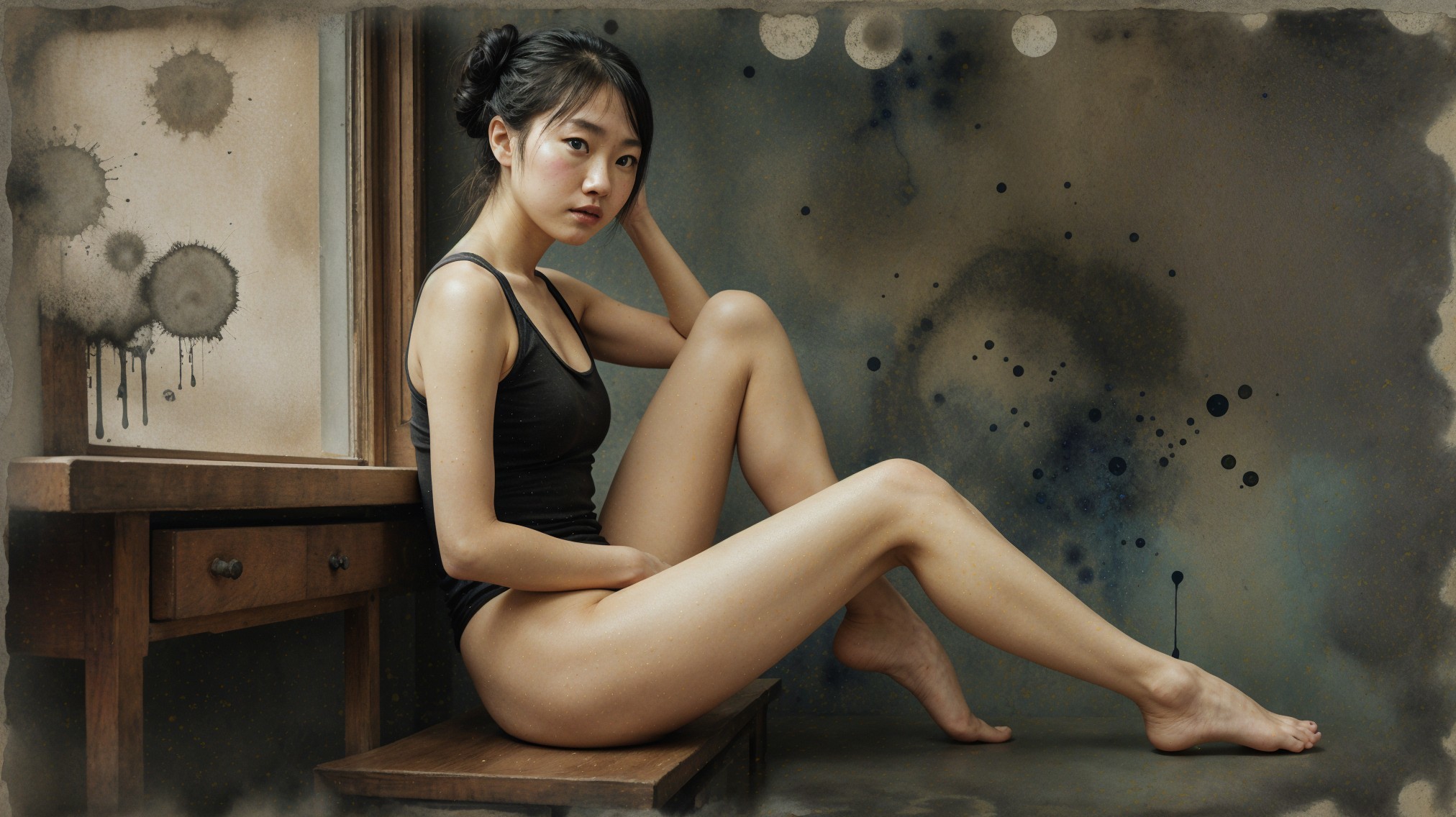 Young woman in black tank top seated by window