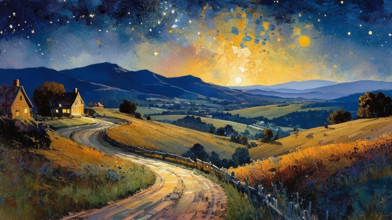 Serene Countryside Scene with Rolling Hills and Twilight