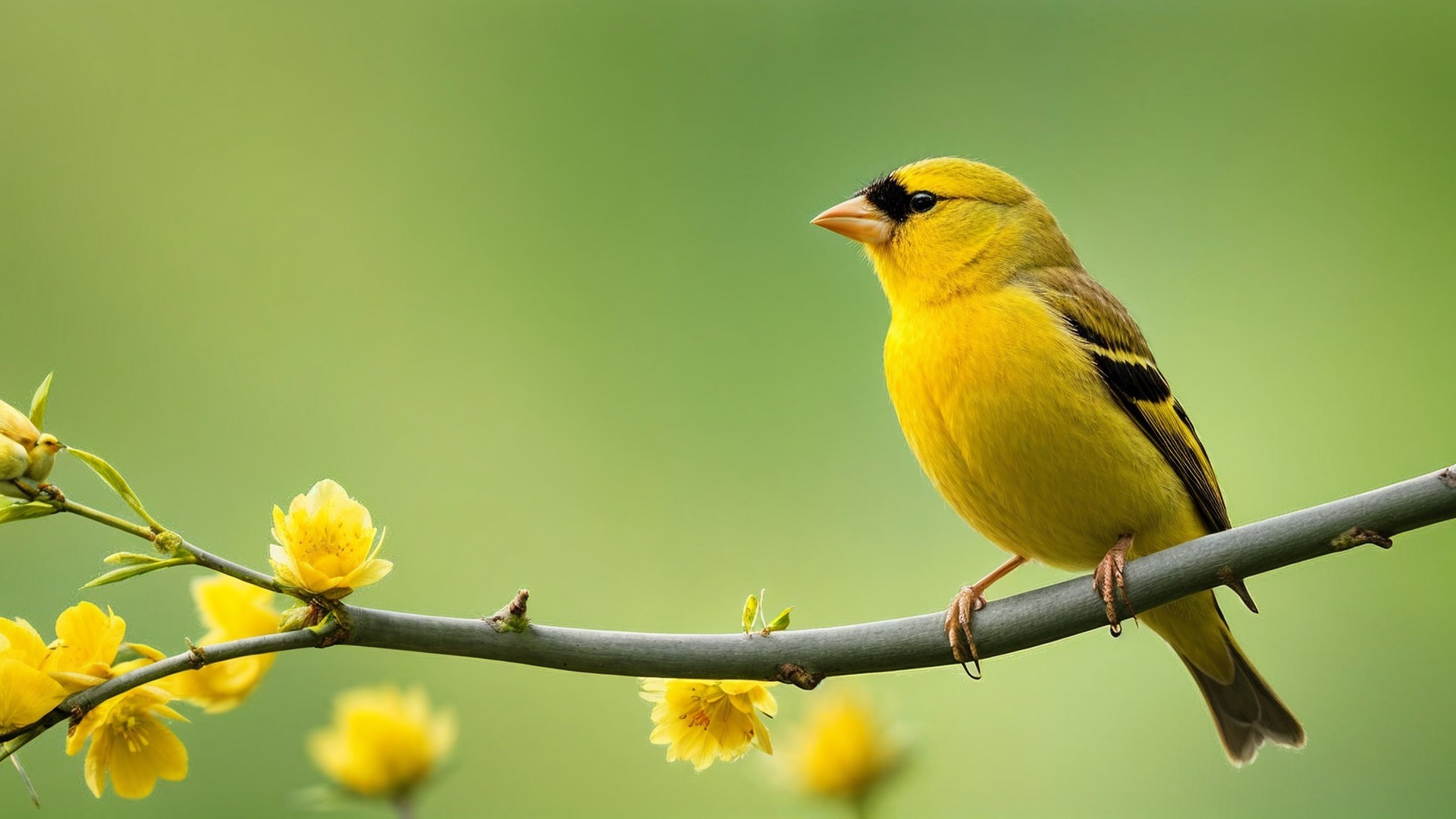 Yellow Bird on Branch with Flowers and Green Background