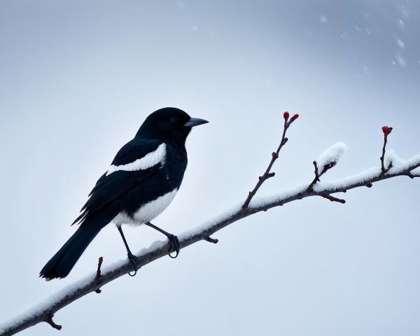 Black and white bird on snowy branch in winter scene