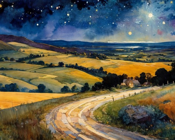 Serene Night Landscape with Rolling Hills and Moonlight