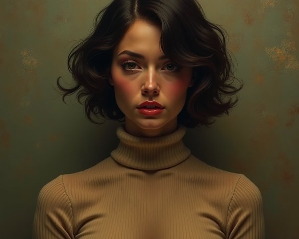 Young woman in tan turtleneck with calm expression